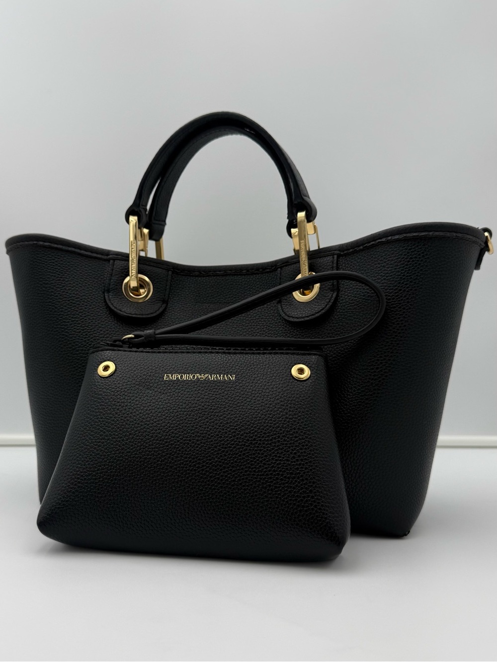 EMPORIO ARMANI • Black All-Weather Vegan Tote w/ Pouch